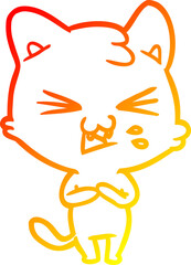 warm gradient line drawing of a cartoon cat hissing