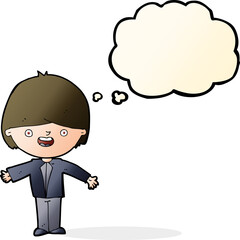 cartoon happy boy with open arms with speech bubble