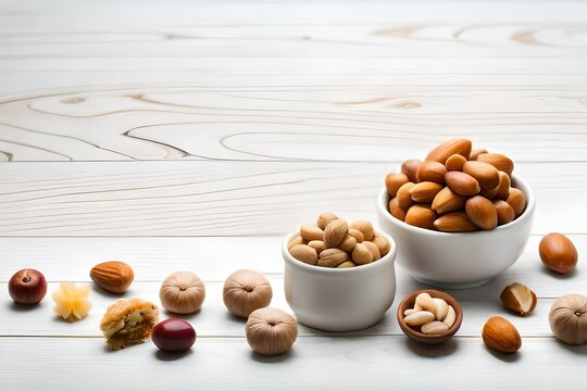 The Ultimate Nut Mix: A Flat Lay of Hazelnuts, Cashews, and Almonds on a White Background