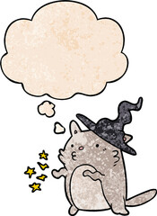 cartoon cat wizard with thought bubble in grunge texture style