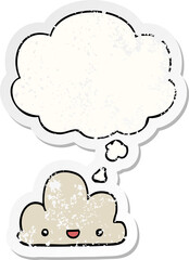 cartoon tiny happy cloud with thought bubble as a distressed worn sticker