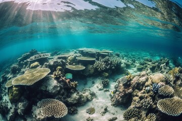 Underwater view of the Great Barrier Reef in Australia. Generative AI