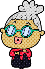 cartoon sitting woman wearing spectacles