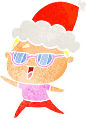 hand drawn retro cartoon of a happy woman wearing spectacles wearing santa hat