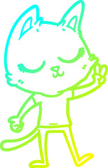cold gradient line drawing of a calm cartoon cat giving peace sign