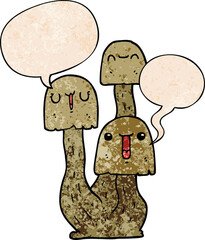 cartoon mushroom with speech bubble in retro texture style