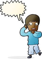 cartoon frightened boy with speech bubble