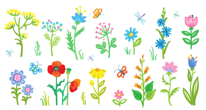 Collection beautiful colorful flowers and butterflies. In cartoon style. Isolated on white background. Vector flat illustration. Children's drawing. 