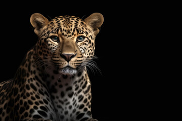 Fototapeta na wymiar Ilustración de un leopardo en fondo negro con espacio para texto. IA generativa