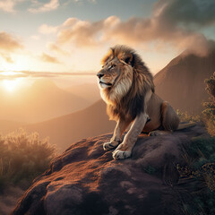 ilustración de un leon sentado en una roca al atardecer. IA generativa - obrazy, fototapety, plakaty