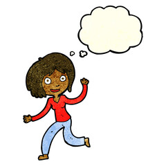 cartoon happy waving girl with thought bubble