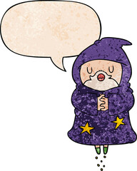 cartoon floating wizard with speech bubble in retro texture style