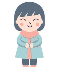 Smiling child in winter coat surrounded by snow