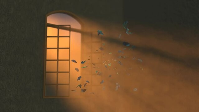 Blue butterflies fly in the sunset rays near the opened window 3D 4K animation. Spring and summer concept. Inspiration and soul.