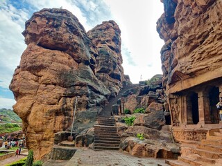 Badami,Karnataka,India- September 08 2022 Ancient Cave Temples Located in Badami , Chalukya Kingdom ruins. Rich in stone carvings. 