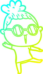 cold gradient line drawing of a cartoon woman wearing spectacles