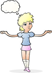 cartoon woman shrugging shoulders with thought bubble