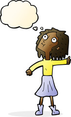 cartoon woman looking up to the sky with thought bubble