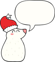cartoon bear wearing christmas hat with speech bubble