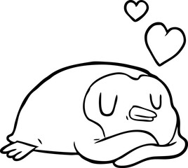 line drawing of a penguin with love hearts