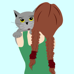Girl holding Cat. Cat in the girl's arms. Domestic kitty in the woman hands. World Hug Day. Vector illustration. Adopt don't buy