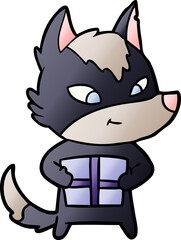 friendly cartoon wolf with gift