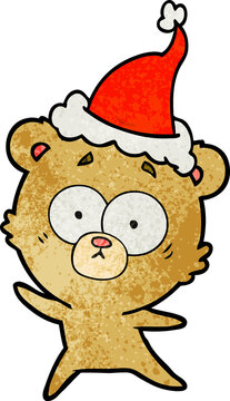 anxious bear hand drawn textured cartoon of a wearing santa hat