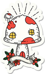 sticker of a tattoo style toadstool house