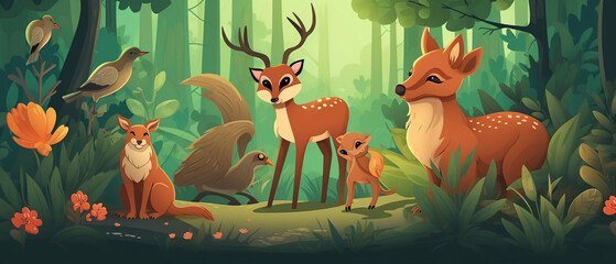 Fauna background with various animals in the forest