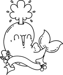 scroll banner with black line work tattoo style happy squirting whale character