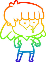 rainbow gradient line drawing of a cartoon whistling girl