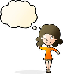 cartoon friendly woman waving with thought bubble