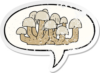 cartoon mushroom with speech bubble distressed distressed old sticker