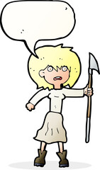 cartoon woman with harpoon with speech bubble