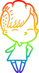 Fototapeta premium rainbow gradient line drawing of a cartoon squinting girl in dress