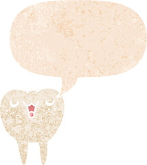 cartoon tooth with speech bubble in grunge distressed retro textured style