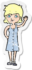 retro distressed sticker of a cartoon pretty woman waving