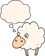 cartoon sheep with thought bubble in comic book style