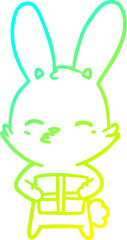 cold gradient line drawing of a curious bunny cartoon with present