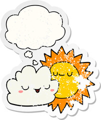 cartoon sun and cloud with thought bubble as a distressed worn sticker