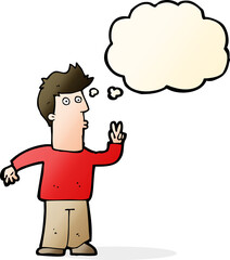 cartoon man giving peace sign with thought bubble