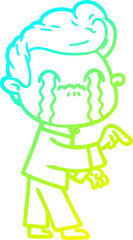 cold gradient line drawing of a cartoon man crying