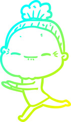 cold gradient line drawing of a cartoon peaceful old woman