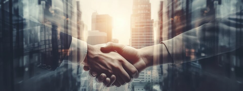 Double exposure of businesmans male hands shaking hands after effective negotiation showing mutual respect. Business banner concept. Generative AI