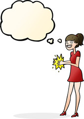 cartoon woman clapping hands with thought bubble