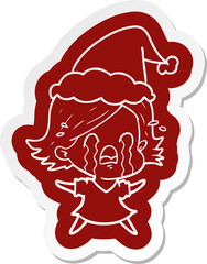 quirky cartoon  sticker of a woman crying wearing santa hat