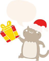 cute cartoon christmas cat with speech bubble in retro style