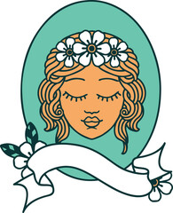 traditional tattoo with banner of a maiden with eyes closed
