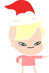 cute hand drawn flat color illustration of a girl with hipster haircut wearing santa hat