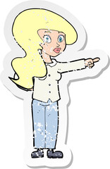 retro distressed sticker of a cartoon pretty woman pointing